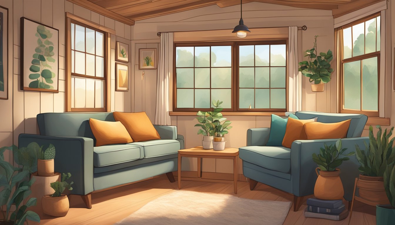 Soft, warm lighting illuminates cozy furniture, plants, and decor in a tiny house interior. Accessories like throw pillows and blankets add to the inviting ambiance