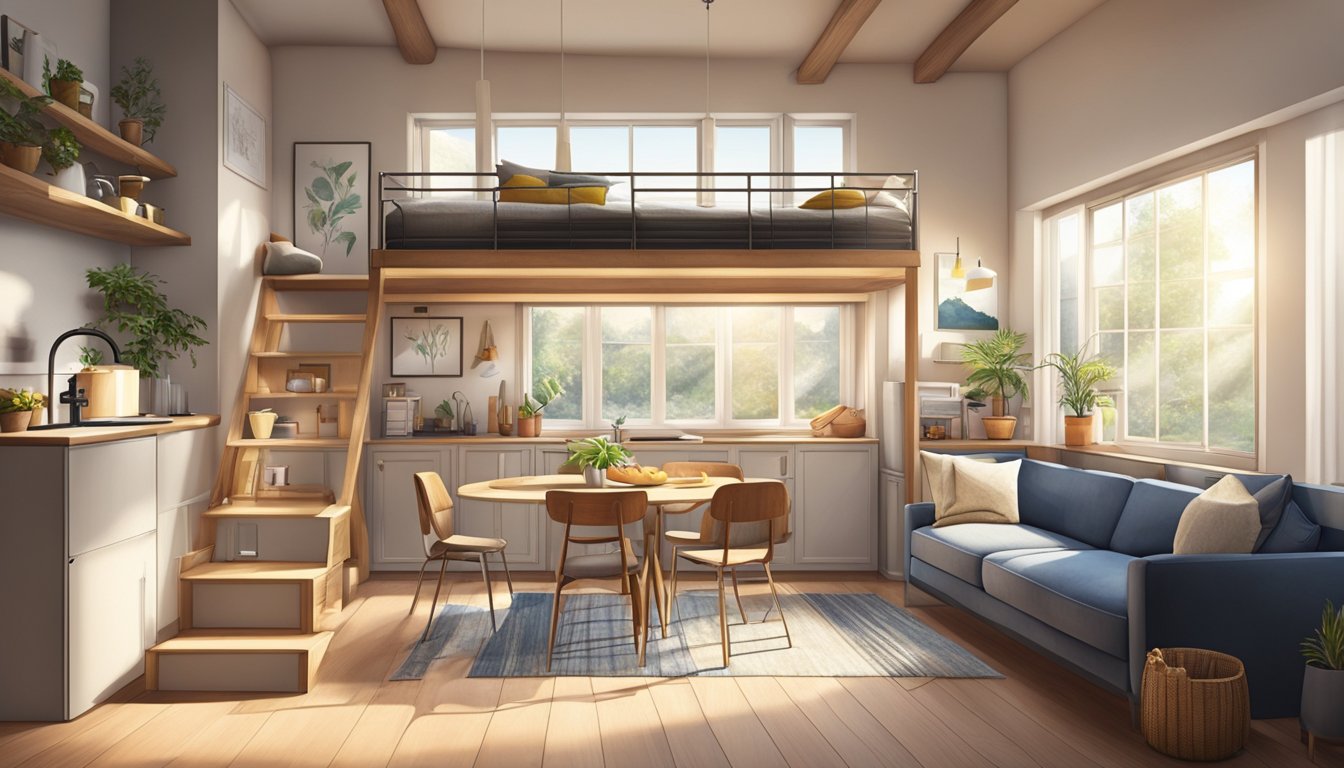 A cozy living room with multifunctional furniture, a compact dining area, and a loft bed above. Natural light streams in through large windows, creating a warm and inviting space