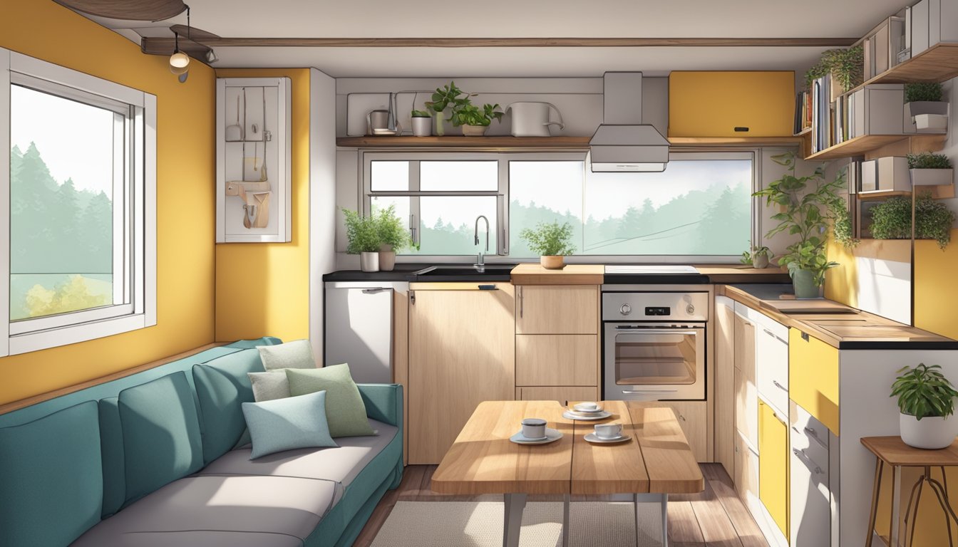 A cozy living room with a fold-out dining table, compact kitchen, and lofted sleeping area in a tiny house