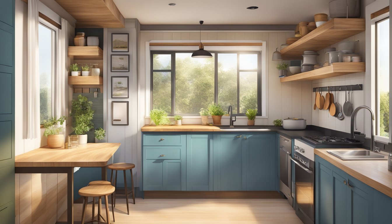 A cozy tiny house kitchen with efficient storage, compact appliances, and a small dining area with natural light streaming in through a window