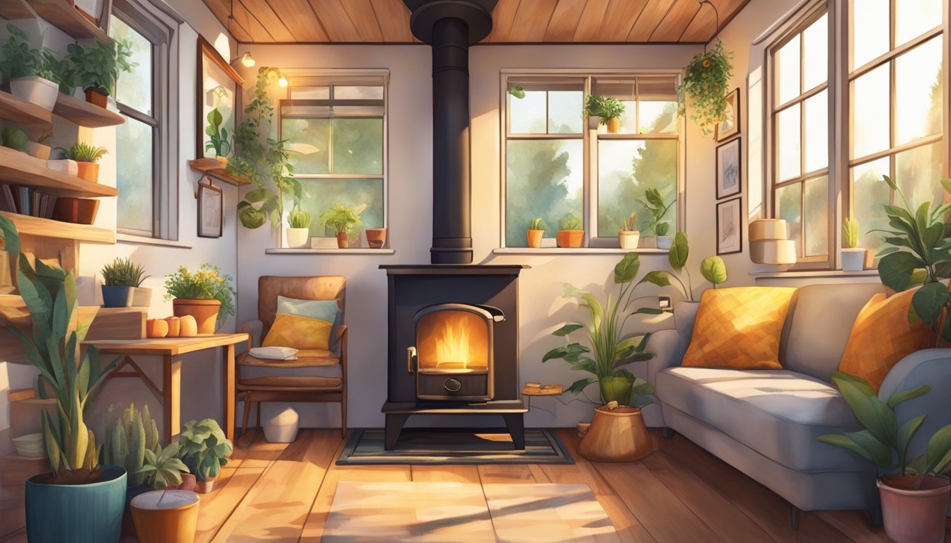 A crackling fire warms the cozy, cluttered interior of a tiny house. Sunlight filters through the small windows, casting a warm glow over the eclectic furnishings and potted plants