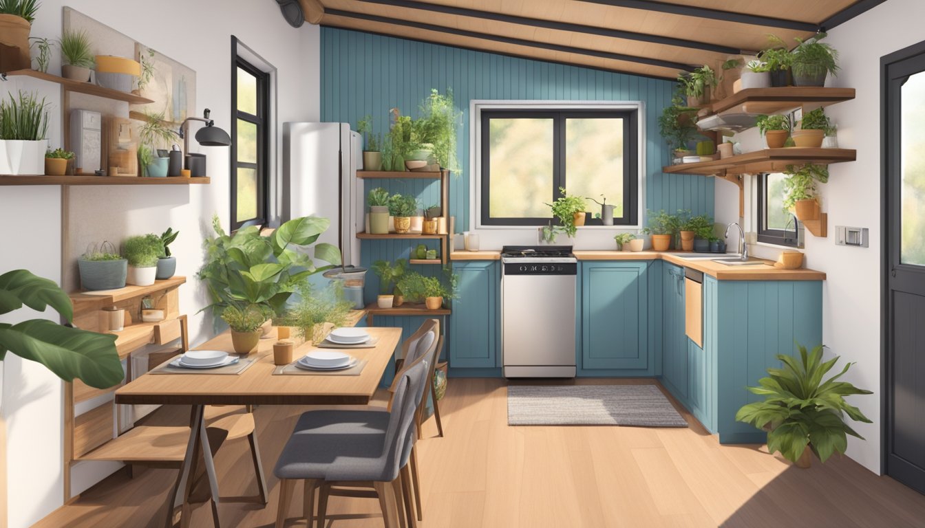 A cozy living room in a tiny home, with a fold-out dining table, a compact kitchen, and shelves filled with decorative items and plants