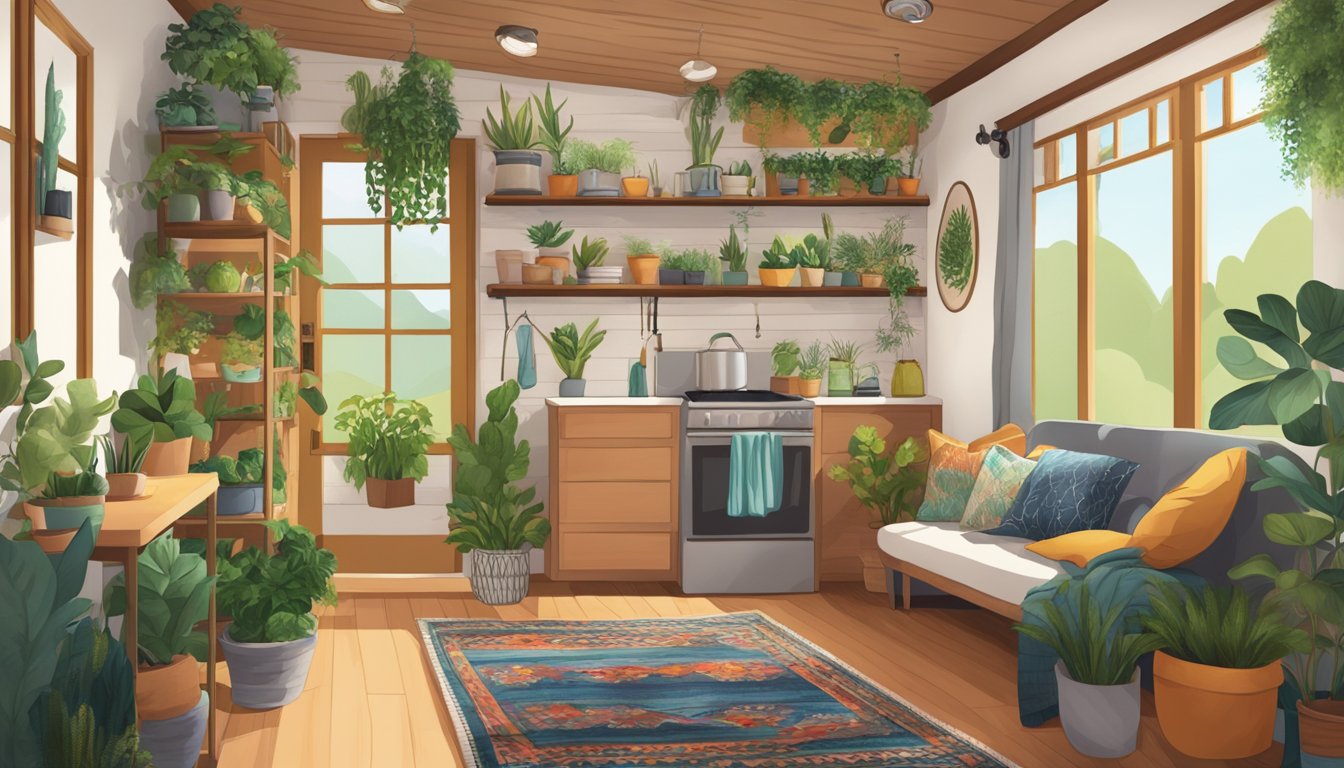 A cozy tiny house interior with eclectic decor: hanging plants, colorful rugs, and handmade artwork adorning the walls