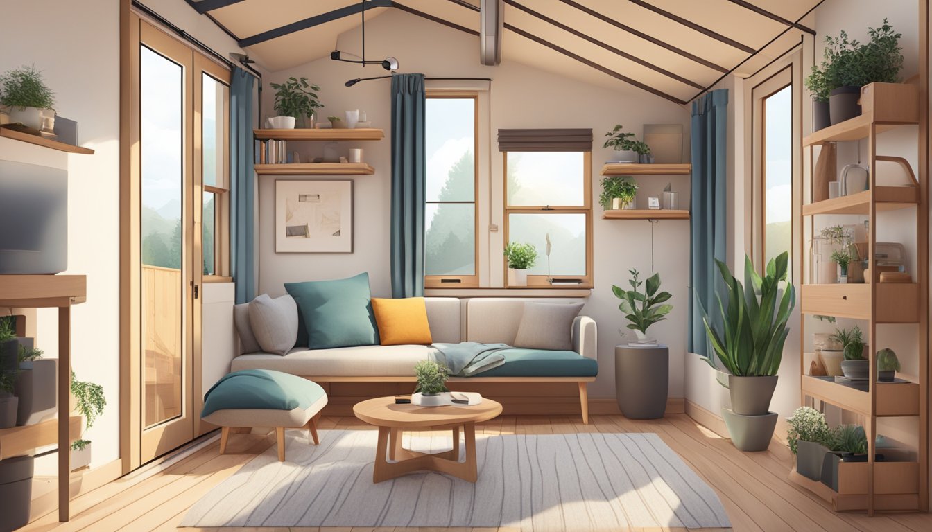 A cozy tiny house interior with minimalist decor, natural light, and space-saving furniture