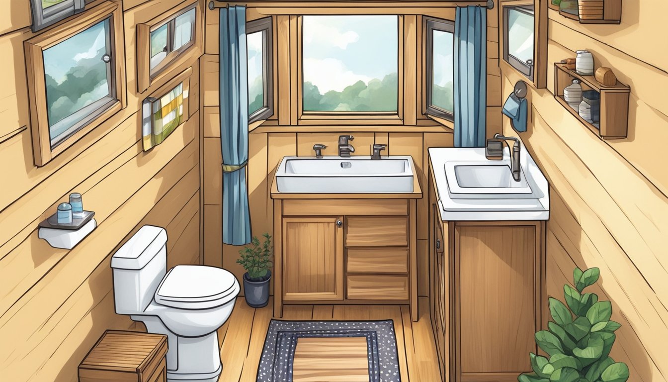 A tiny bathroom in a tiny house, complete with a miniature sink, toilet, and shower. Fine details like tiny towels, soap, and accessories add charm to the space