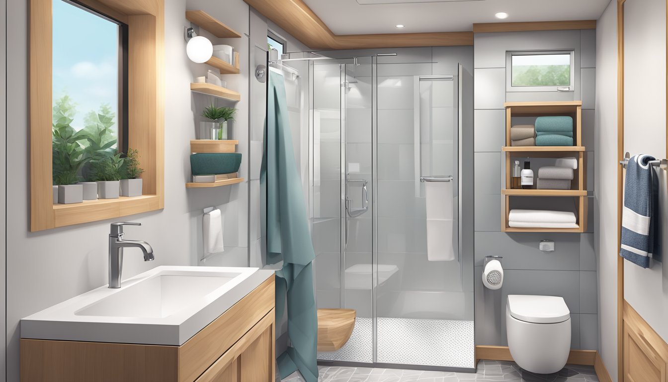 A tiny house bathroom with modern fixtures and a compact layout. Clean and organized with neatly folded towels and toiletries