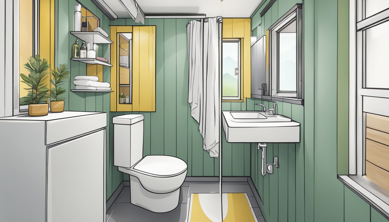 A compact bathroom in a tiny house, featuring a space-saving shower, toilet, sink, and storage