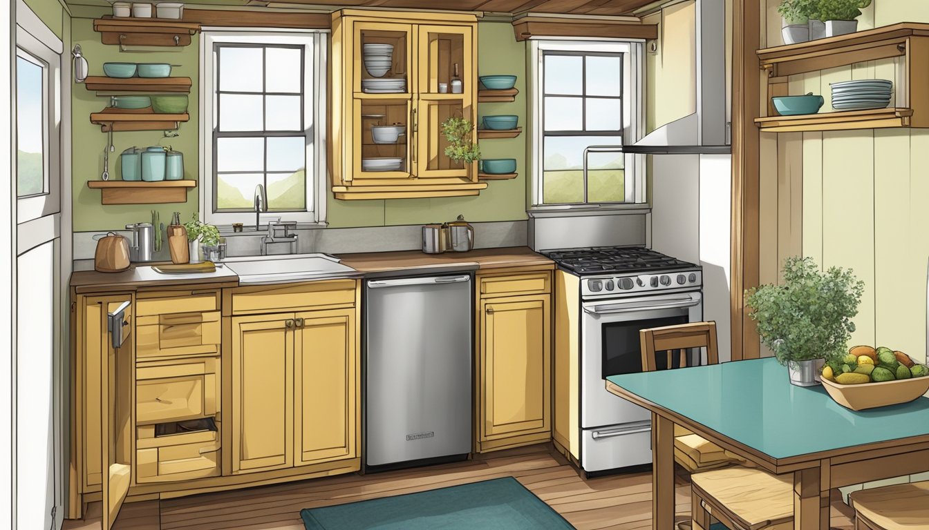 A compact kitchen with a small stove, fridge, sink, and dishwasher, all fitting snugly into the tiny house