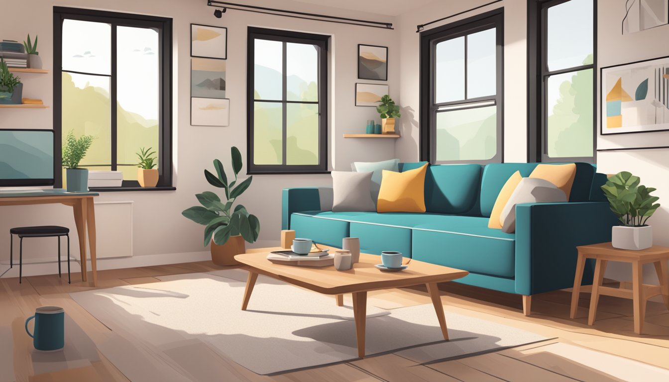 A cozy living room in a tiny house, with a small coffee table and a compact side table next to a comfortable sofa. The furniture is modern and space-saving, creating a functional and stylish atmosphere