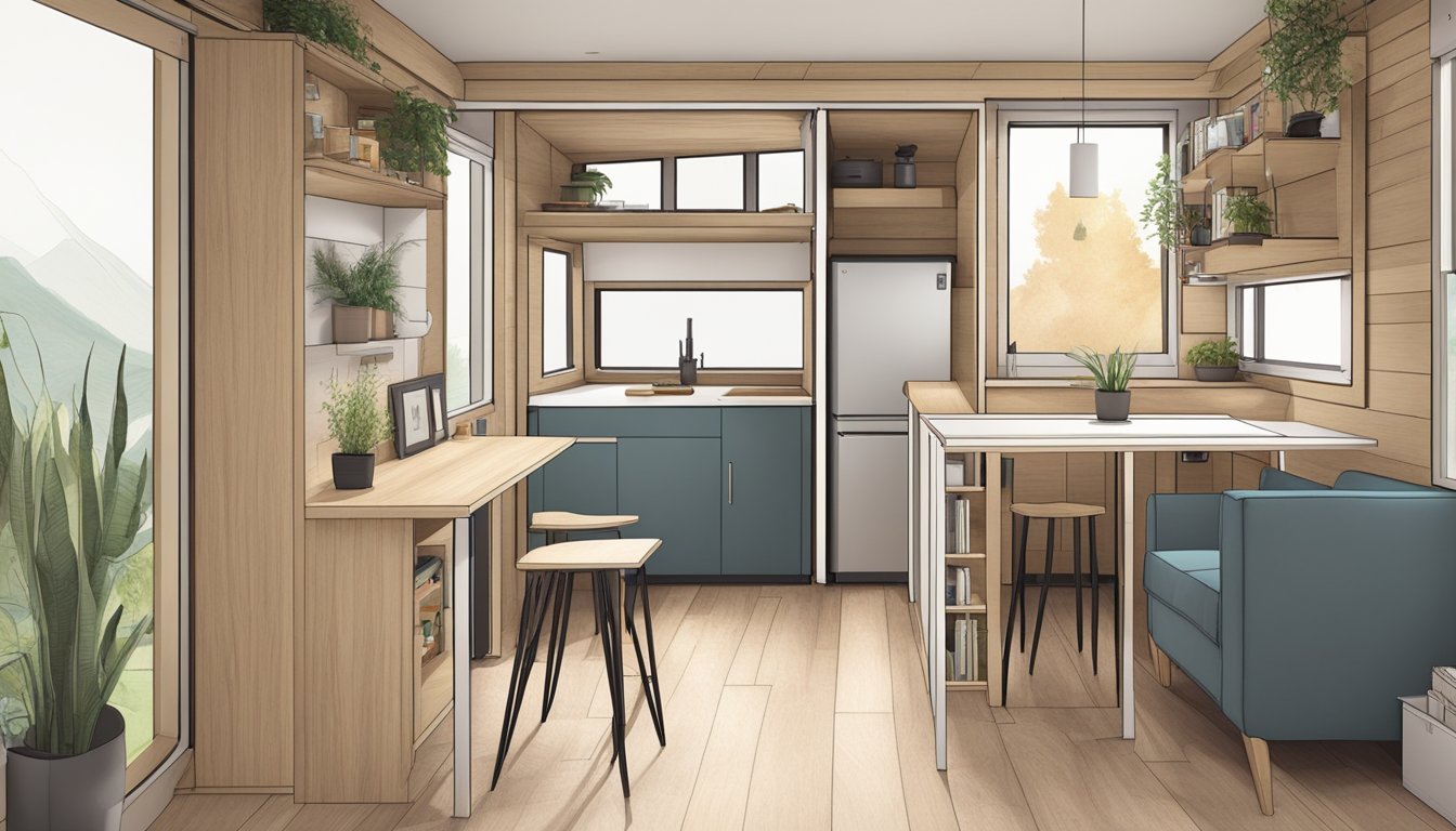 A cozy tiny house with a foldable dining table, a wall-mounted desk, and a multi-functional coffee table with storage compartments