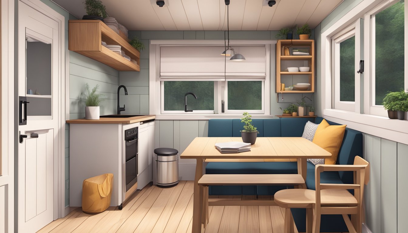 A cozy tiny house interior with cleverly arranged furniture, including foldable tables and multi-functional seating