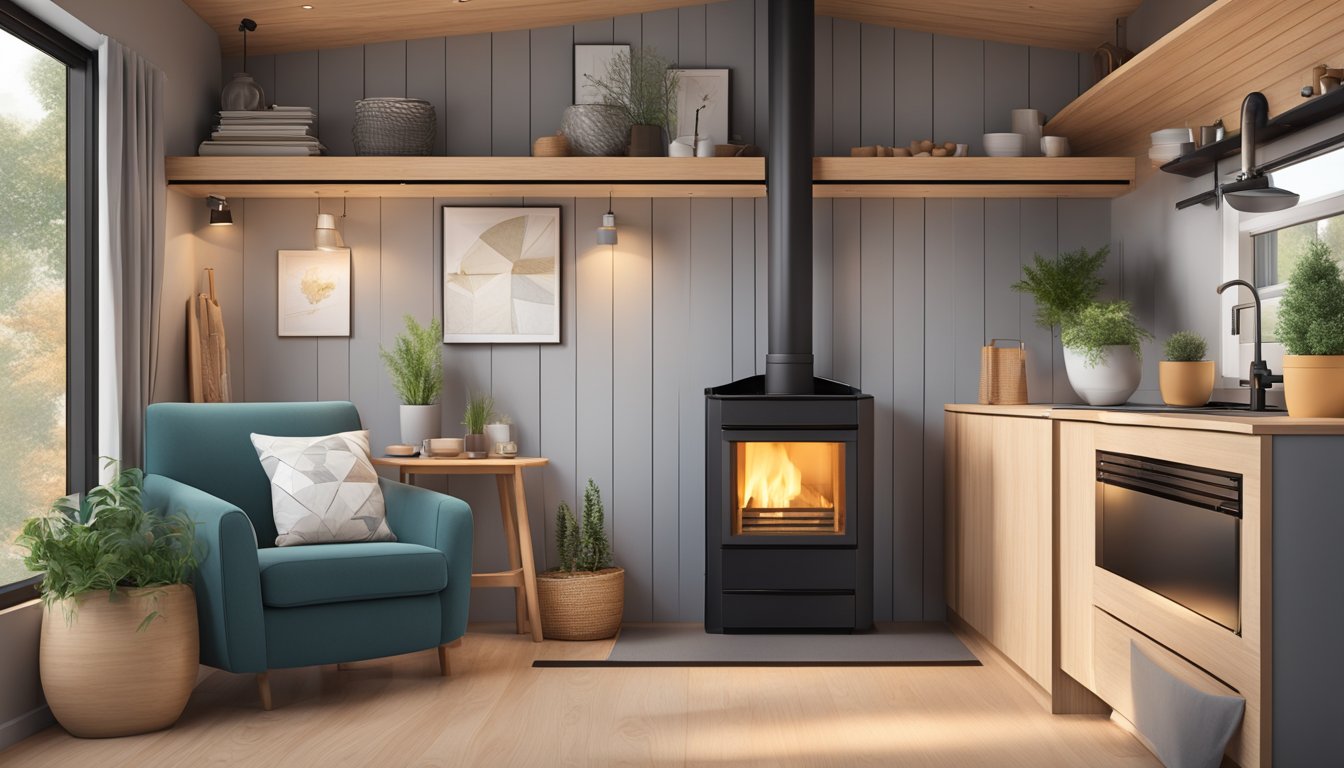 A cozy tiny house with a sleek, modern pellet stove as the focal point, surrounded by minimalist decor and warm lighting