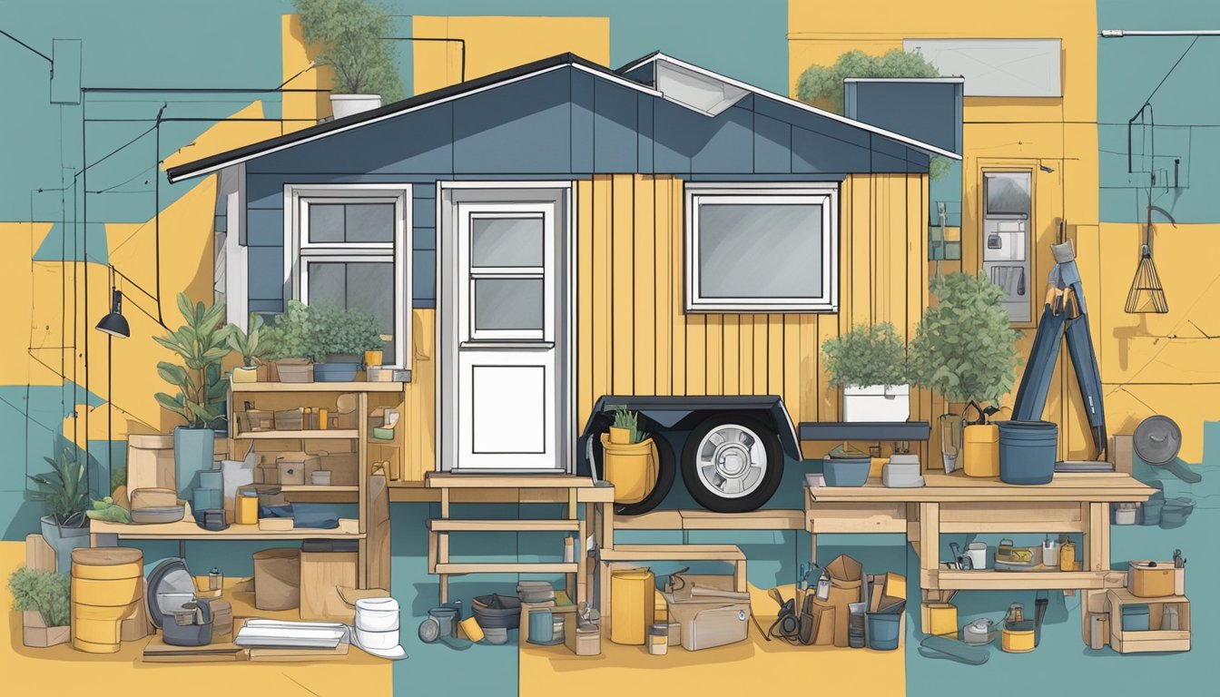 A person assembling and maintaining a tiny house, surrounded by tools, blueprints, and materials