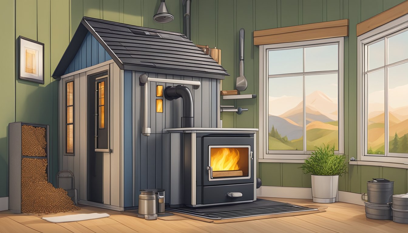 A cozy tiny house with a neatly maintained pellet stove, surrounded by a stack of pellets and various cleaning tools