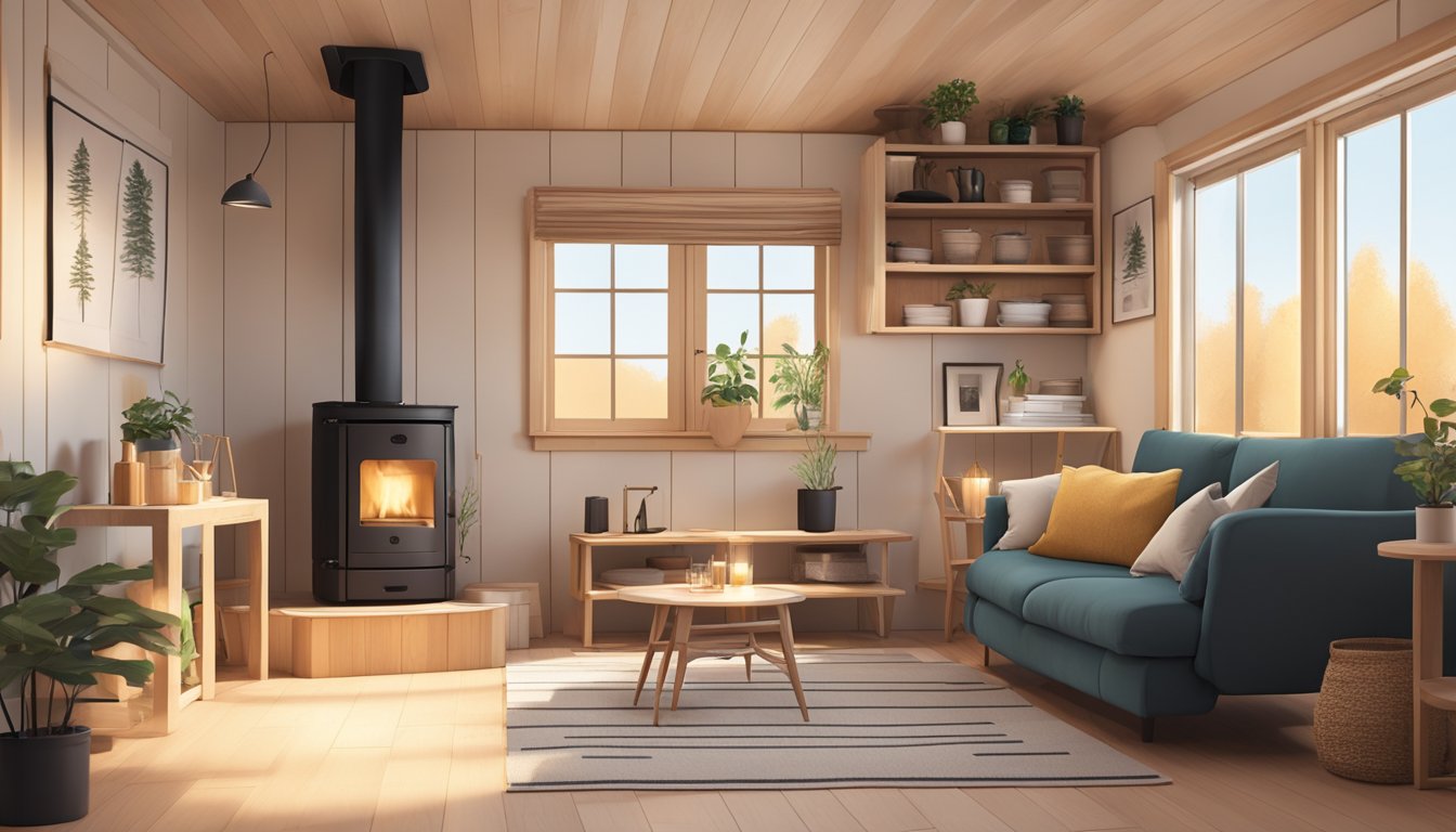 A cozy tiny house with a top pellet stove, surrounded by minimalist furniture and warm lighting