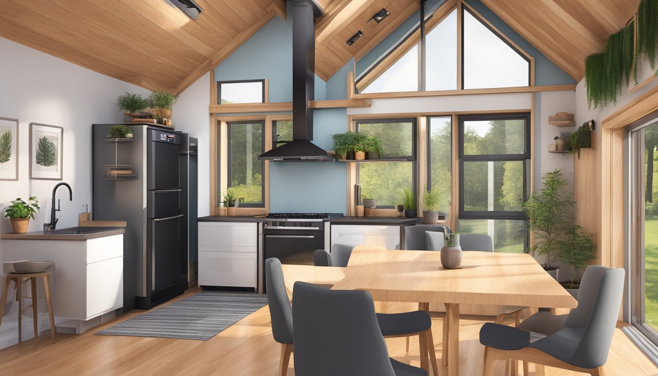 A cozy tiny house with a modern pellet stove as the focal point, surrounded by efficient heating solutions like radiant floor heating and mini split systems