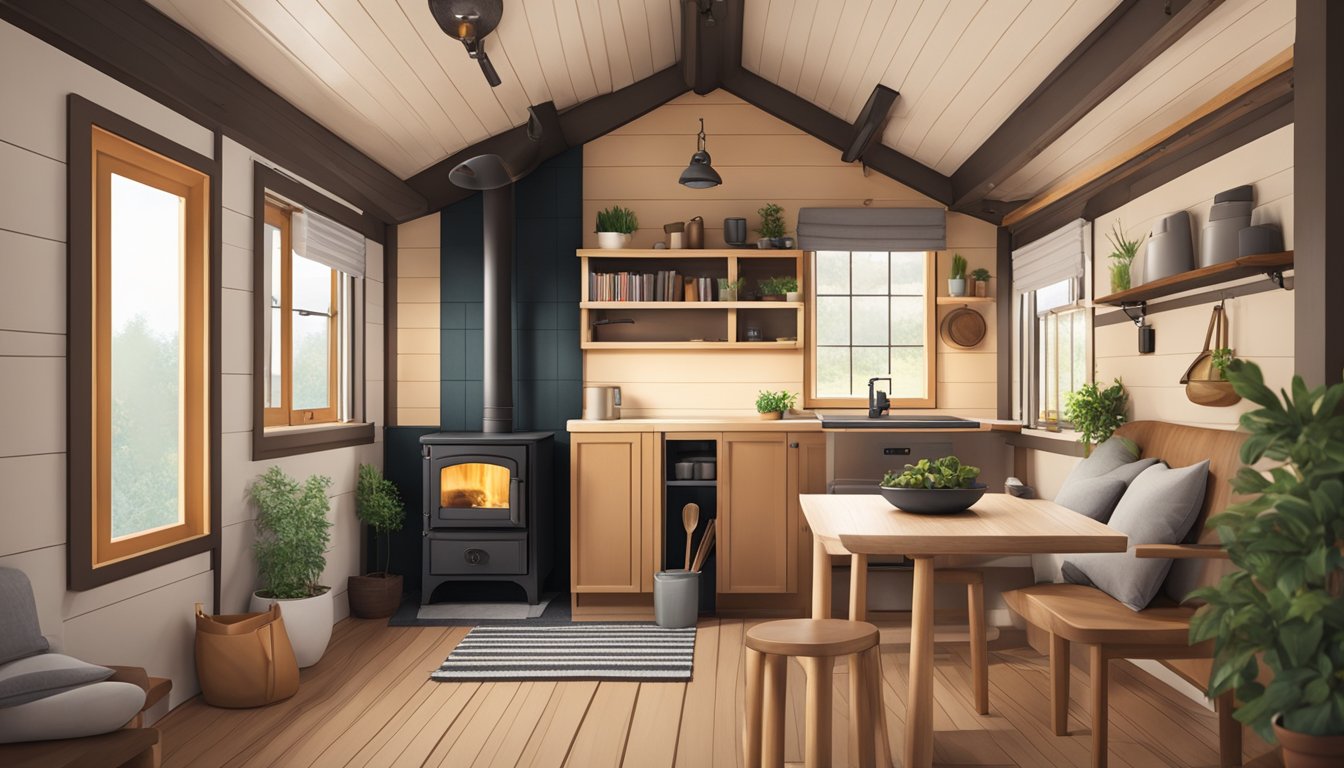 A cozy tiny house with a pellet stove as the focal point, emitting warmth and comfort into the small living space