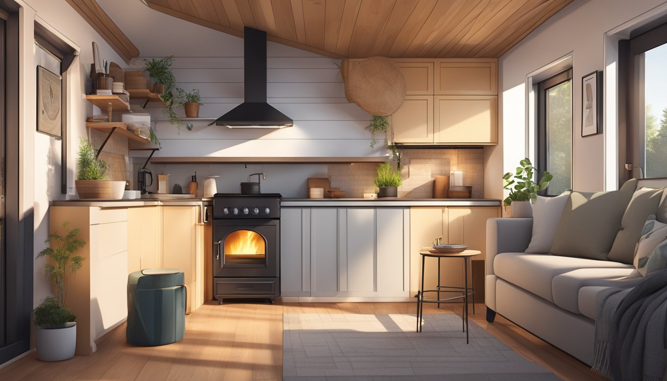 A cozy tiny house interior with a modern pellet stove as the focal point, surrounded by minimalist decor and warm lighting