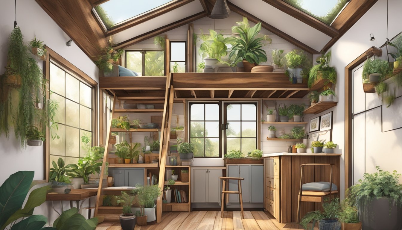 A cozy tiny house interior with a loft bed made from reclaimed wood, surrounded by plants and eco-friendly decor