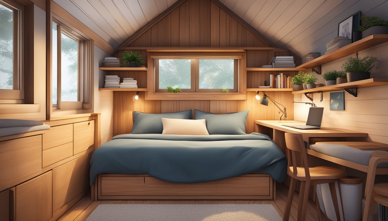 A cozy lofted bed with built-in storage underneath, surrounded by warm wood paneling and soft lighting in a tiny house