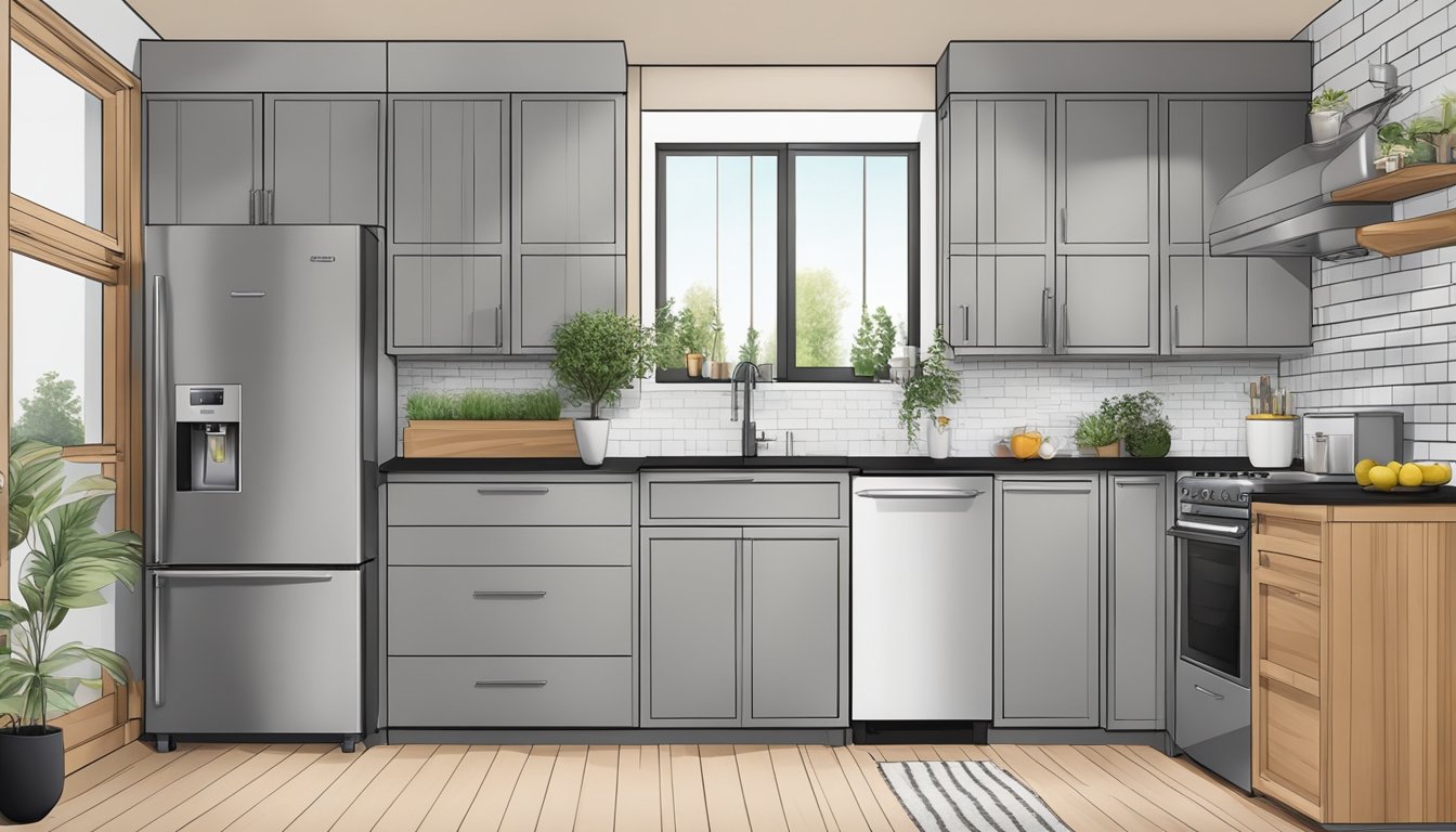 A compact kitchen with sleek cabinets, a small refrigerator, and space-saving hardware for a tiny house