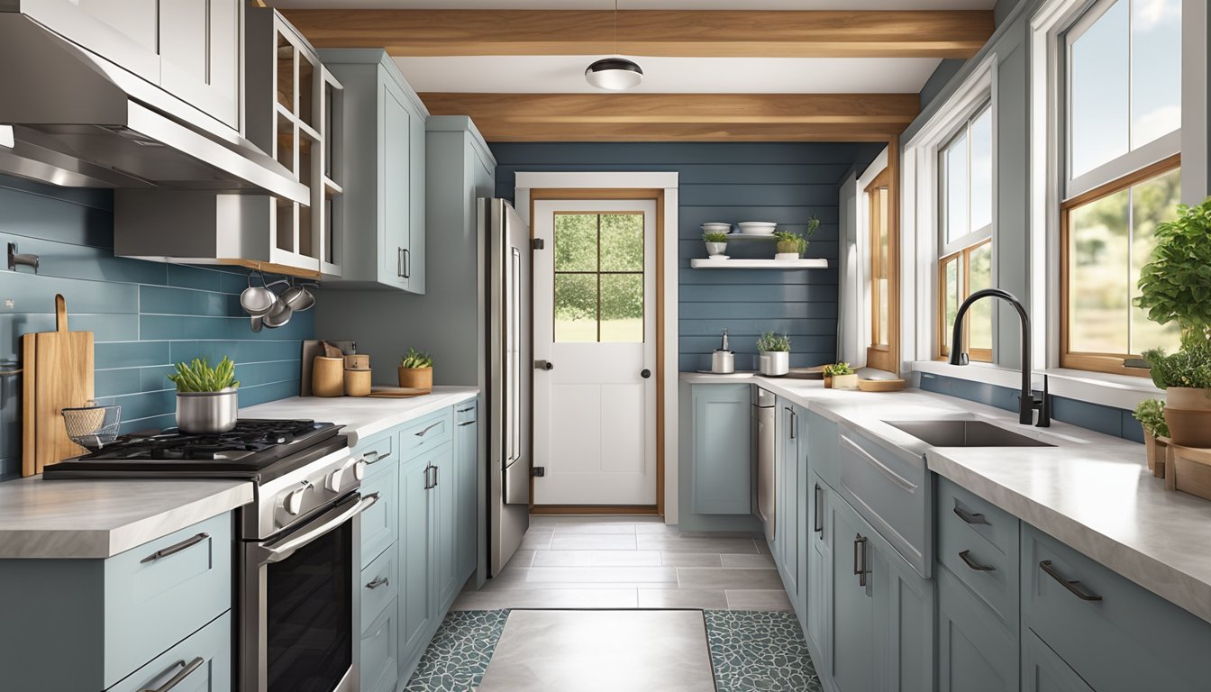 A tiny house kitchen with stainless steel sinks, durable stone countertops, and easy-to-clean tile flooring