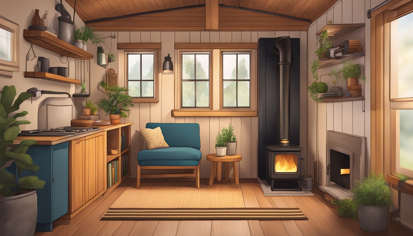 A cozy tiny house interior with a small wood stove as the focal point, surrounded by warm, inviting decor and a comfortable seating area