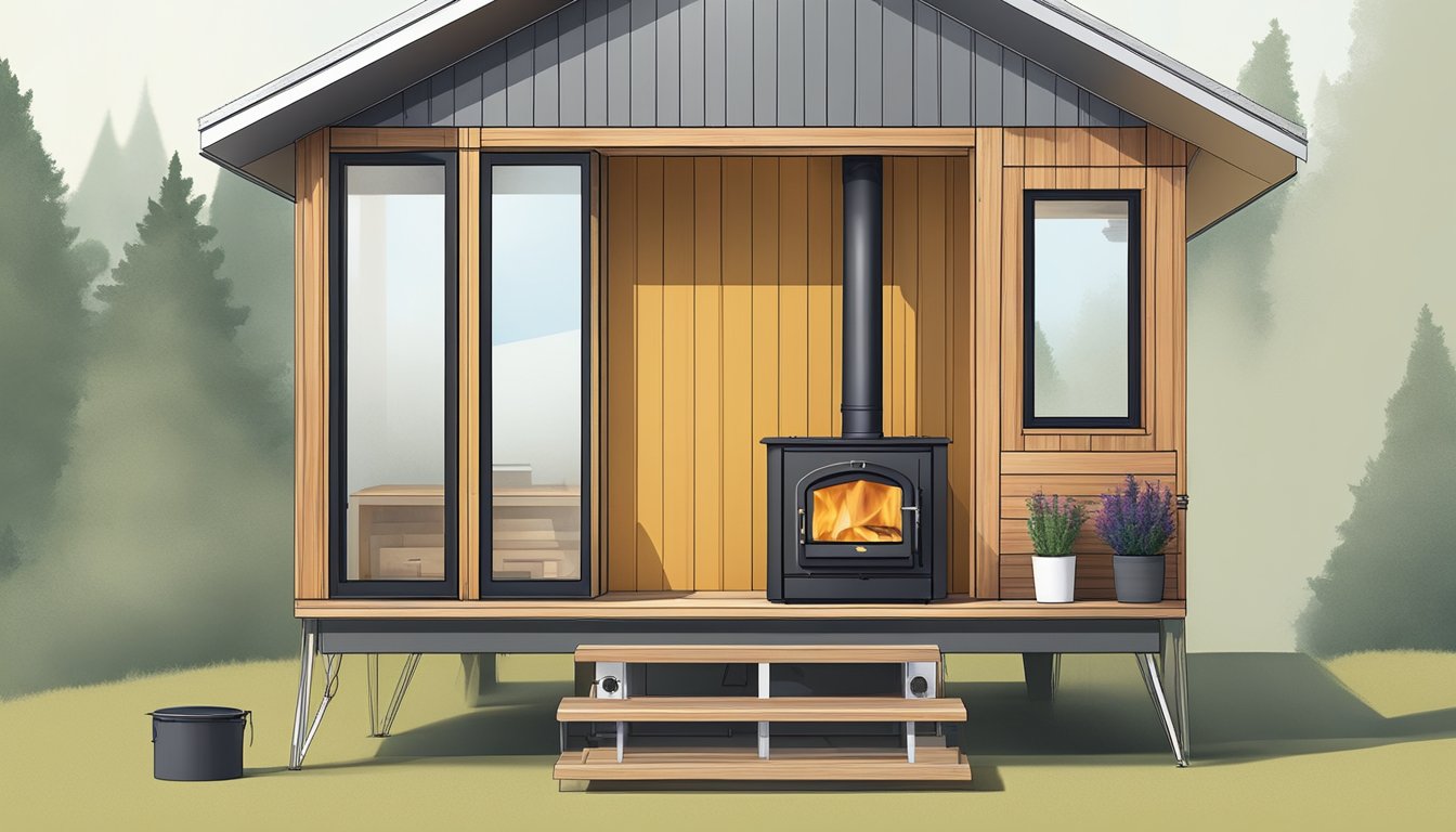 A small wood burning stove installed in a tiny house, surrounded by clear space and safety measures such as a fireproof base and proper ventilation