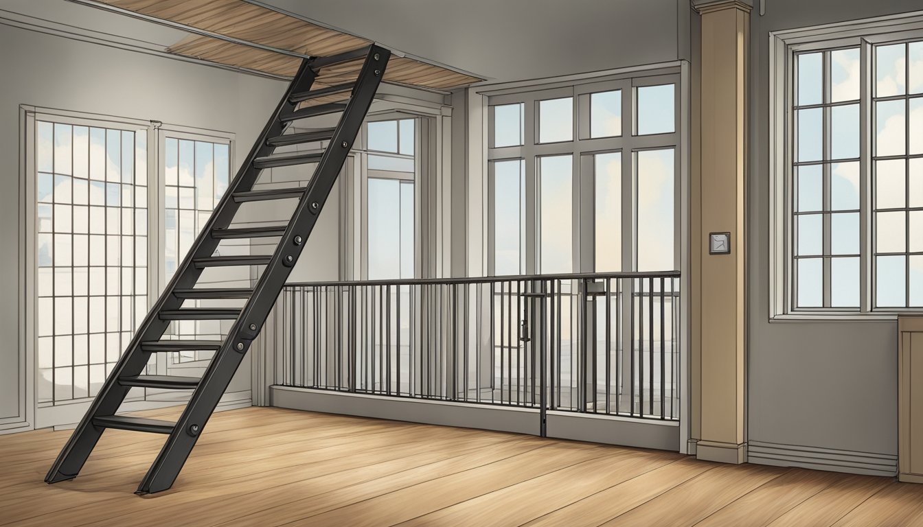 A ladder leading up to a loft with a sturdy railing, safety gate, and non-slip flooring