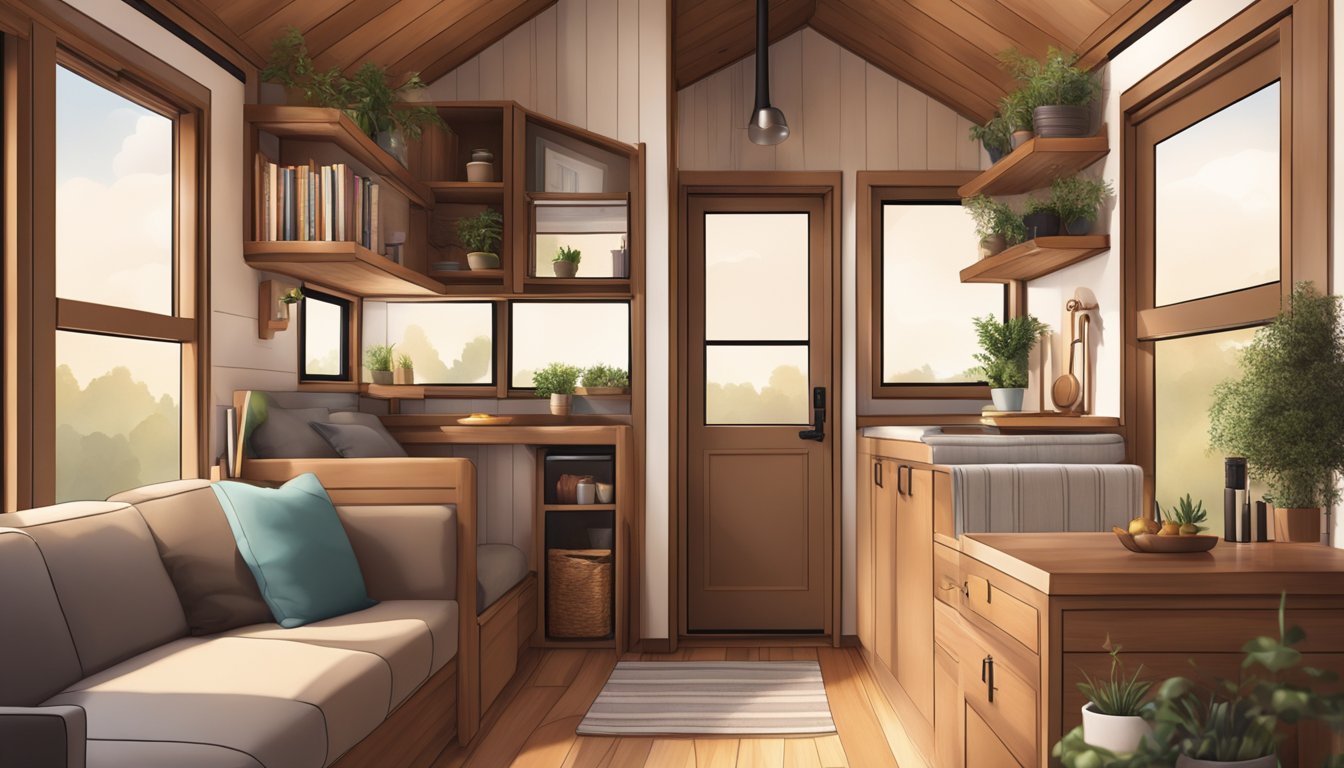 A cozy tiny house interior with warm earthy color scheme, soft natural lighting, and tasteful decor accents