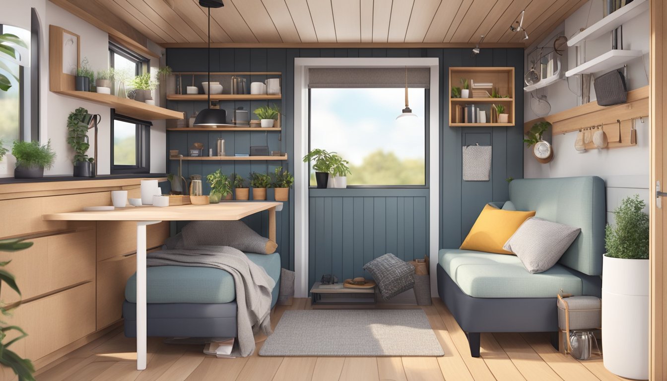 A cozy tiny house with multi-functional furniture and stylish decor, featuring space-saving accessories and clever storage solutions