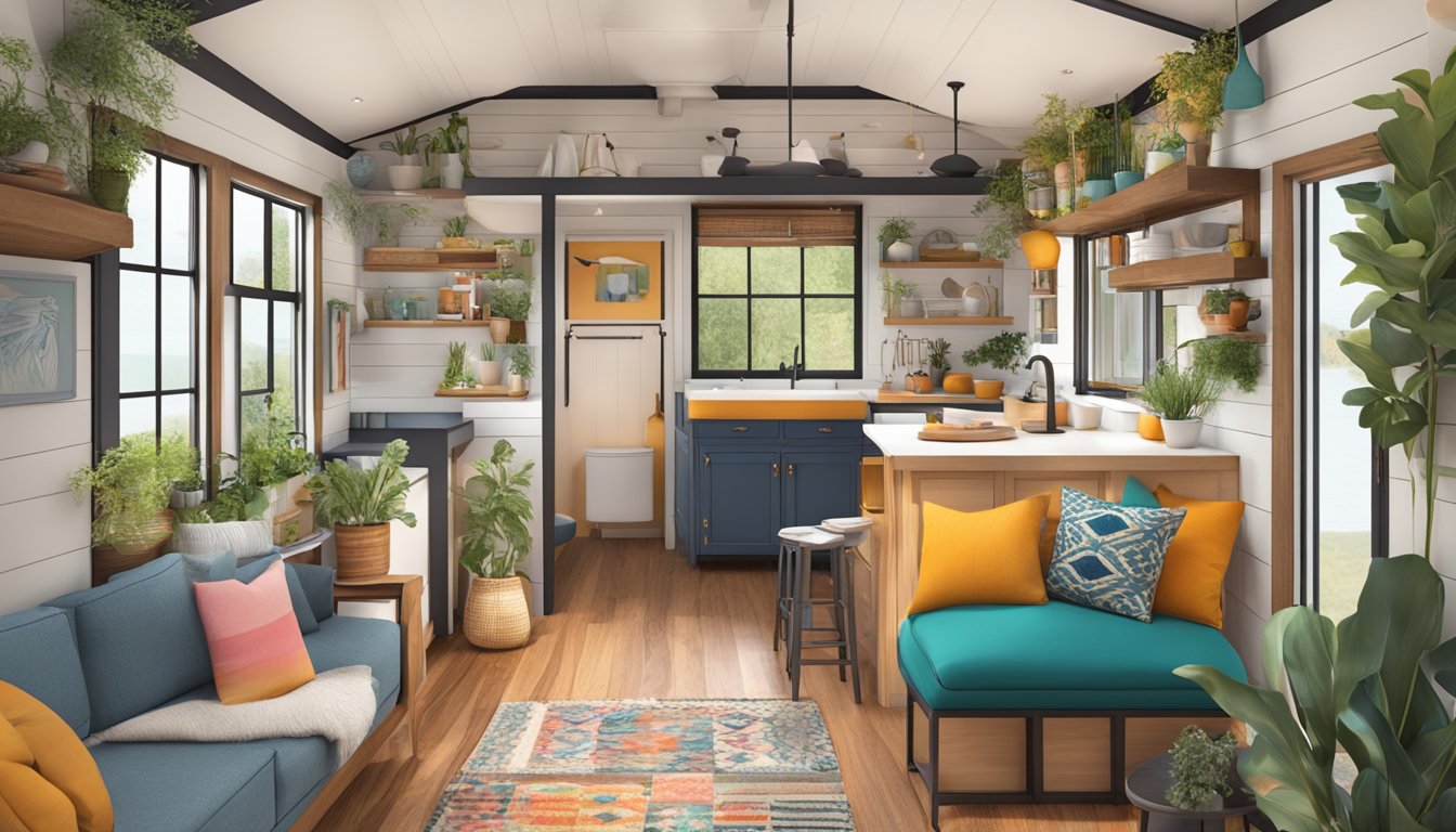 A cozy tiny house with eclectic decor, featuring vibrant colors, unique patterns, and personalized artwork on the walls