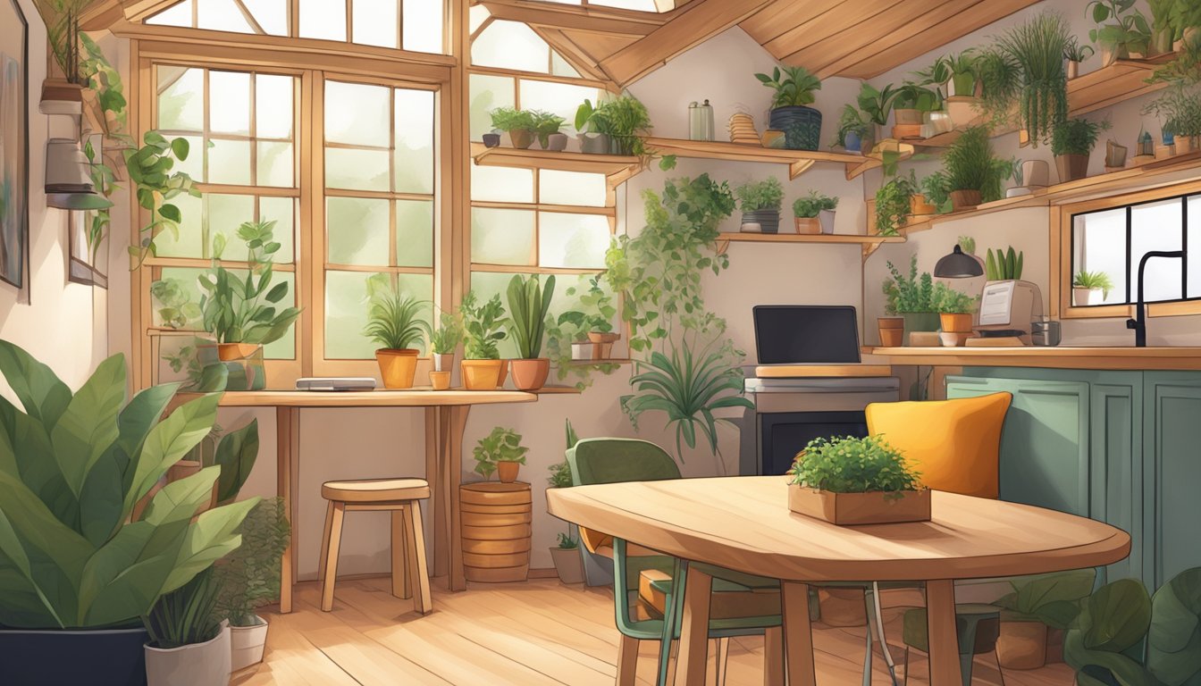 A cozy tiny house interior with sustainable decor, featuring recycled furniture, energy-efficient lighting, and potted plants