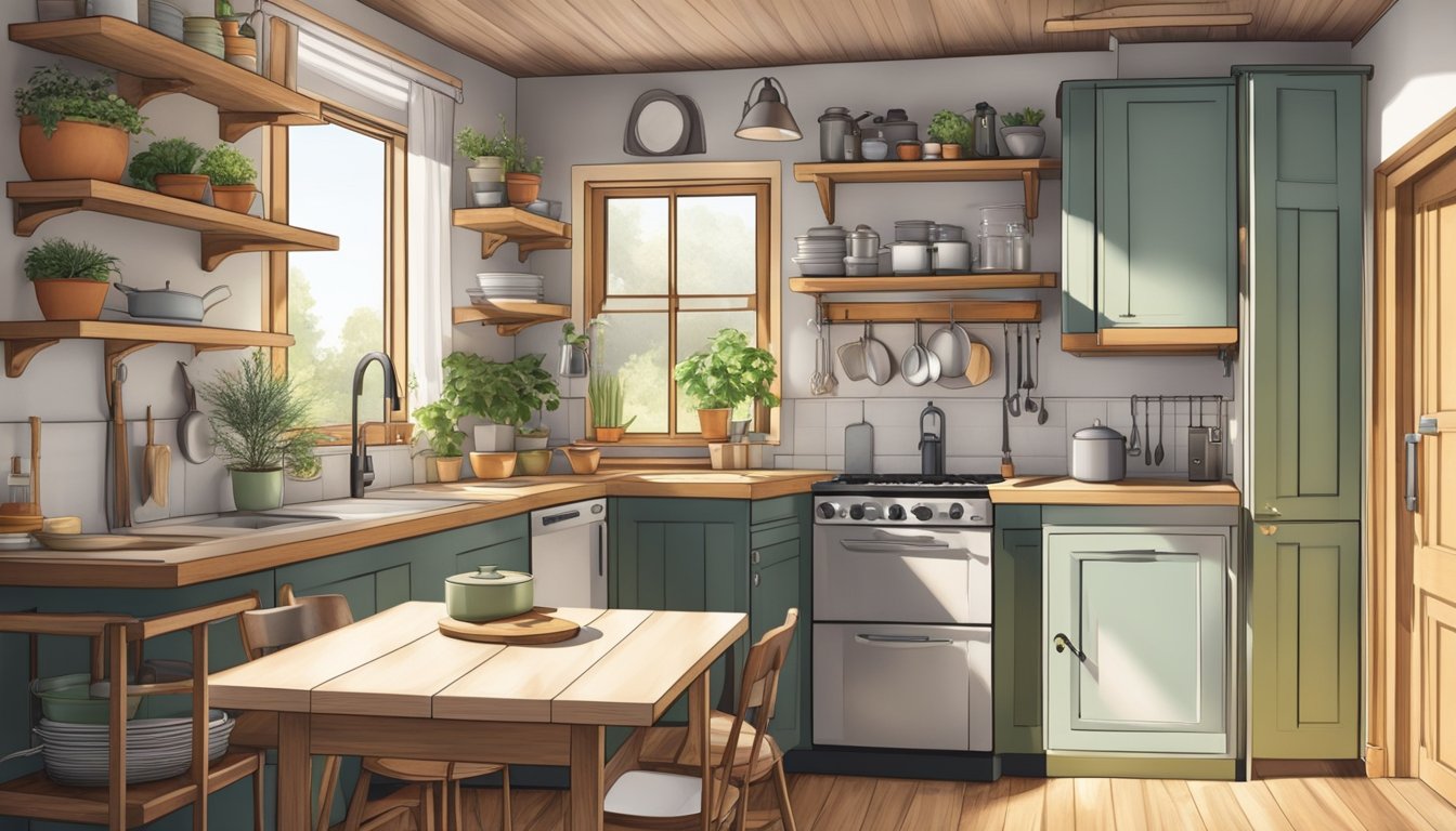 A cozy tiny house kitchen with open shelves, hanging pots, and pans, a small dining table, and a compact stove and sink