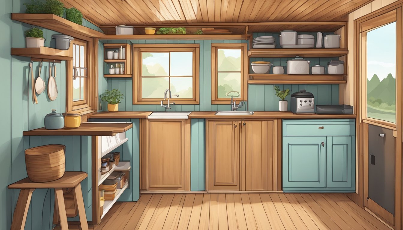 A compact kitchen with a small stove, sink, fridge, and storage shelves in a cozy tiny house