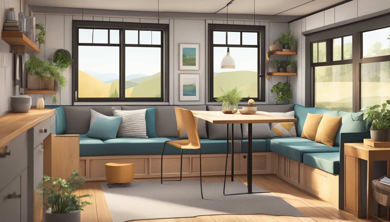 A cozy tiny house living room with a fold-out sofa, built-in storage, a compact dining area, and large windows for natural light