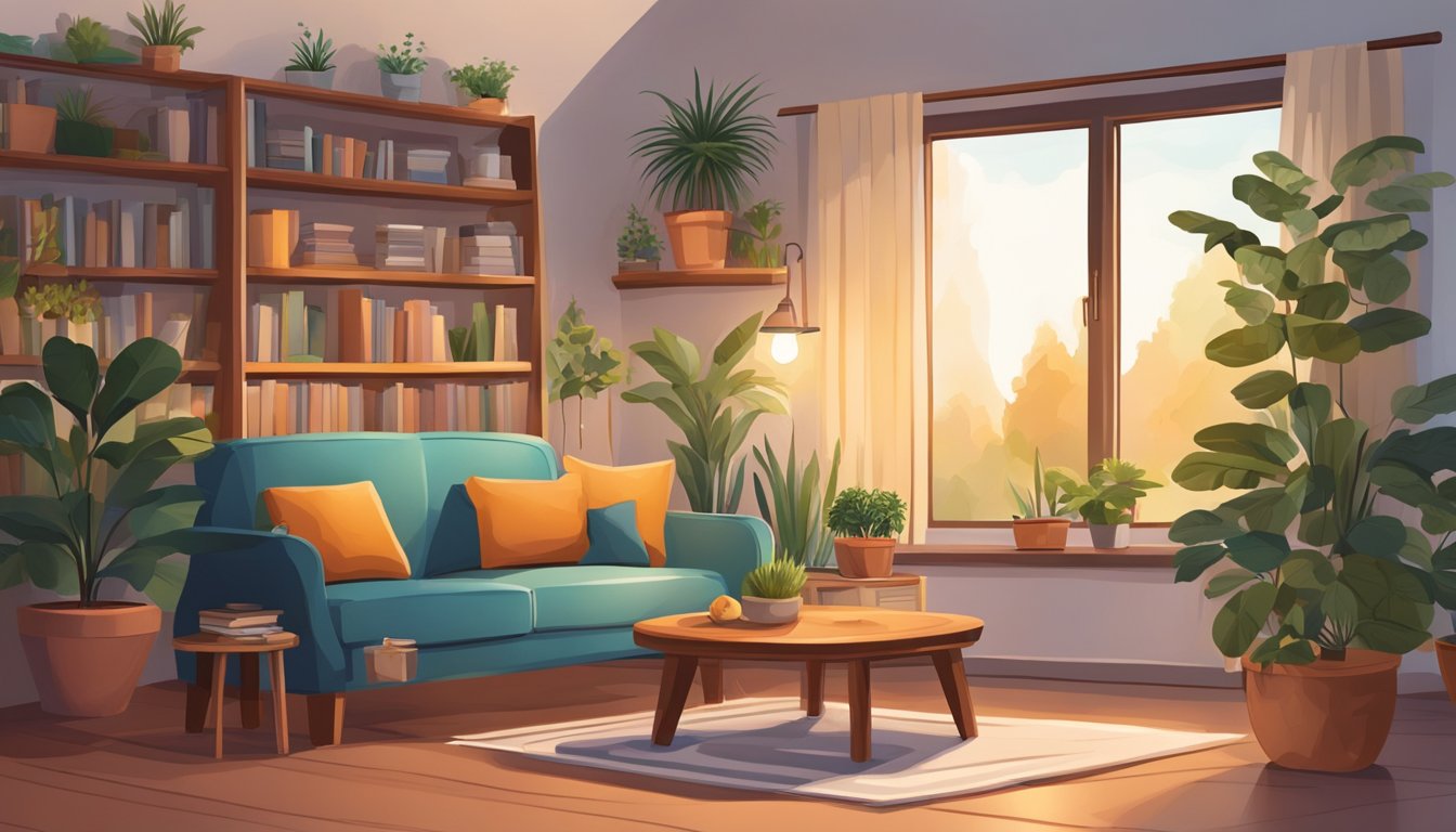 Cozy tiny living room with warm lighting, small sofa, bookshelf, and potted plants