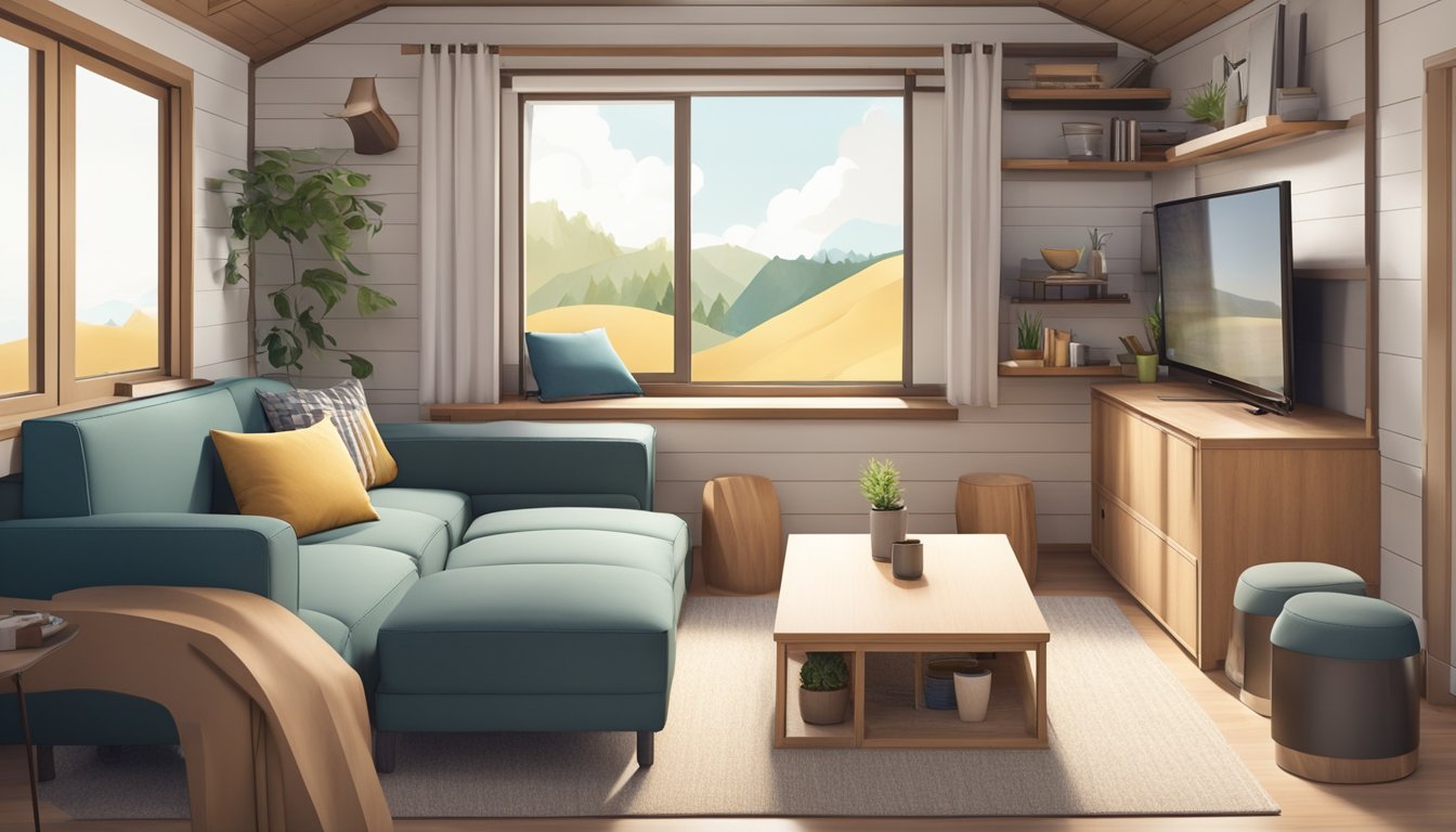 A cozy living room with a compact sofa, foldable table, and storage ottomans in a tiny house