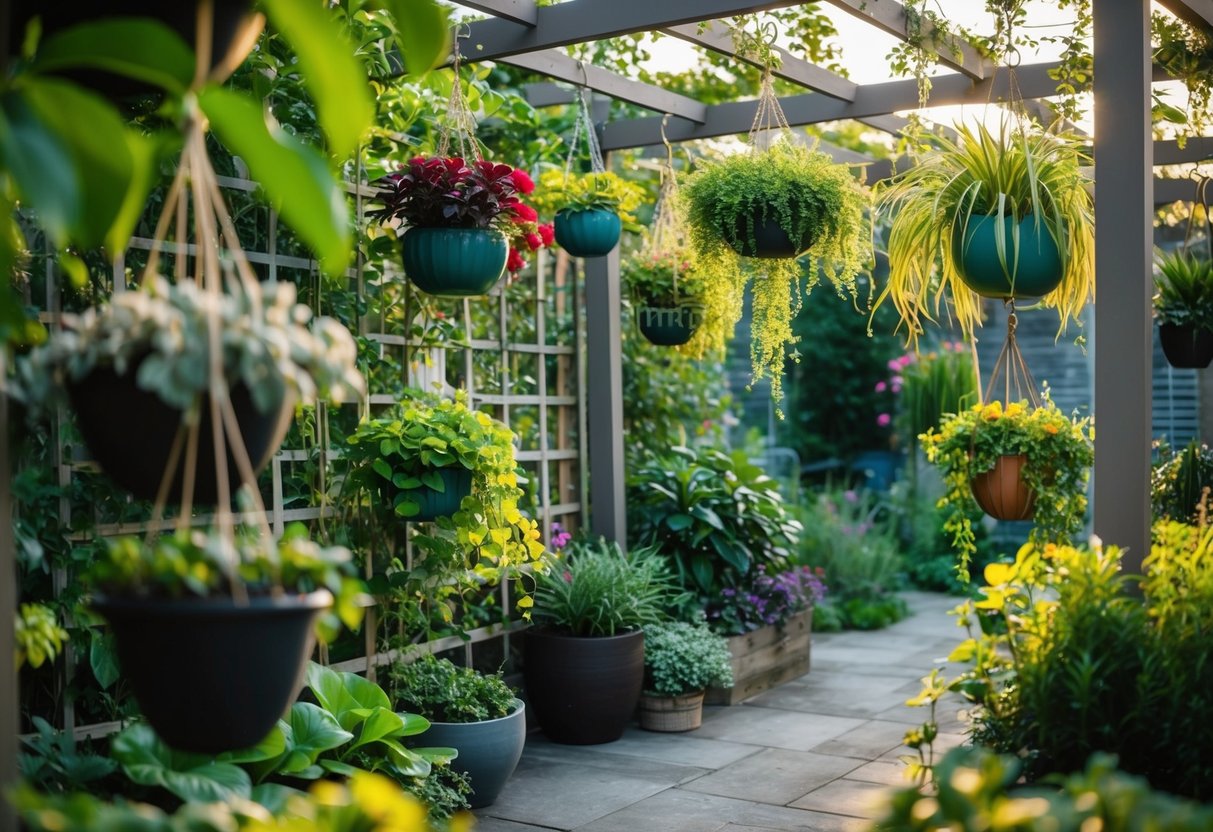 A lush garden with hanging plants of various sizes and shapes, suspended from trellises, pergolas, and hooks, creating a serene and vibrant outdoor space