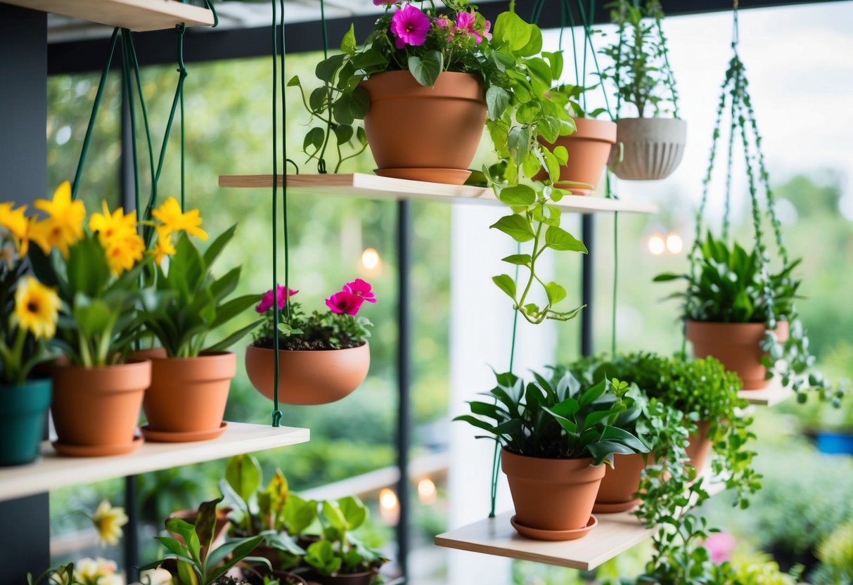 Several floating shelves filled with potted plants and flowers hang at different heights, creating a lush and vibrant hanging garden