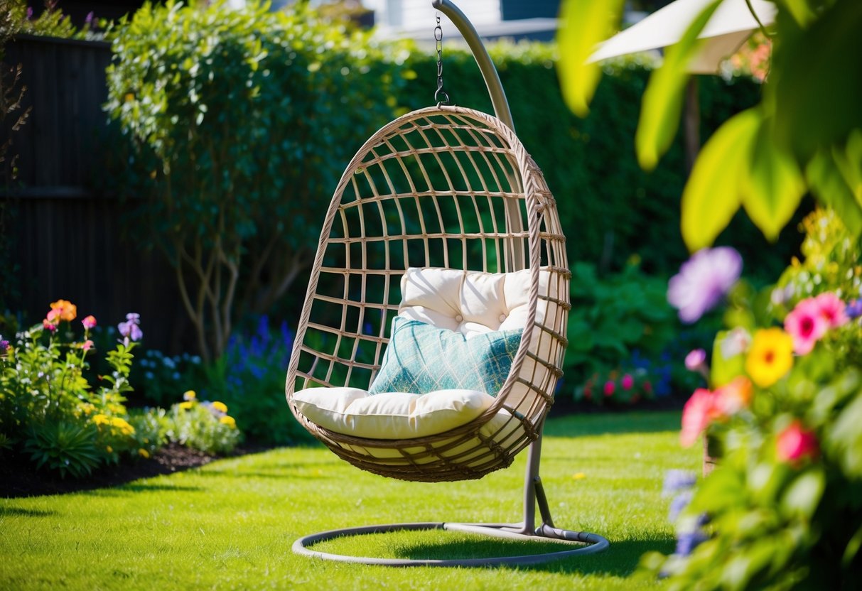 A cozy backyard with a hanging basket chair planter surrounded by lush greenery and colorful flowers. The chair sways gently in the breeze, creating a peaceful and inviting atmosphere