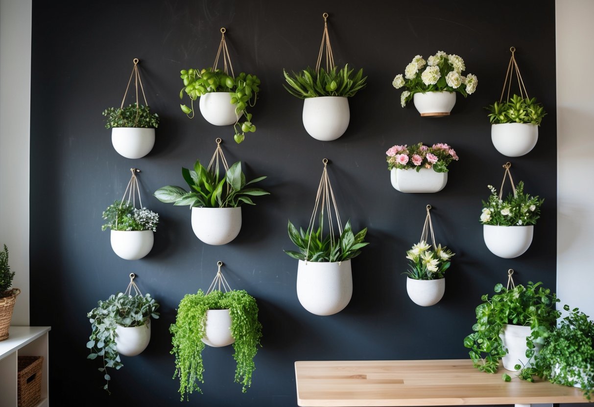 A chalkboard wall with 15 hanging planters of various sizes and shapes, filled with a lush assortment of greenery and flowers