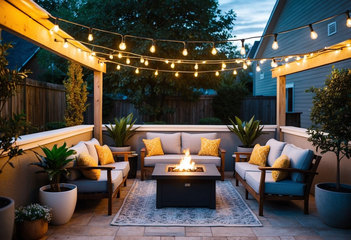 A cozy patio with string lights, potted plants, and comfortable seating. A small fire pit and a dining area complete the inviting outdoor space