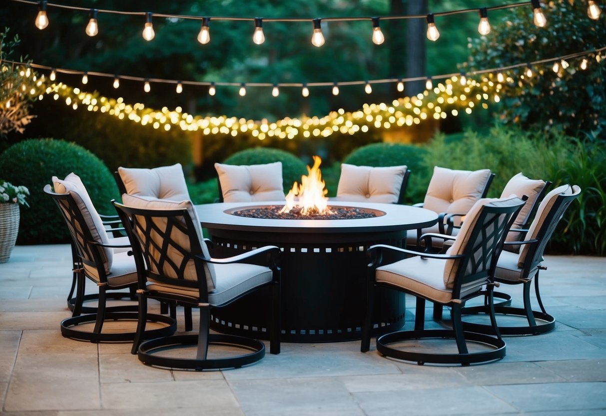 A cozy fire pit table surrounded by 16 patio chairs, set against a backdrop of lush greenery and twinkling string lights