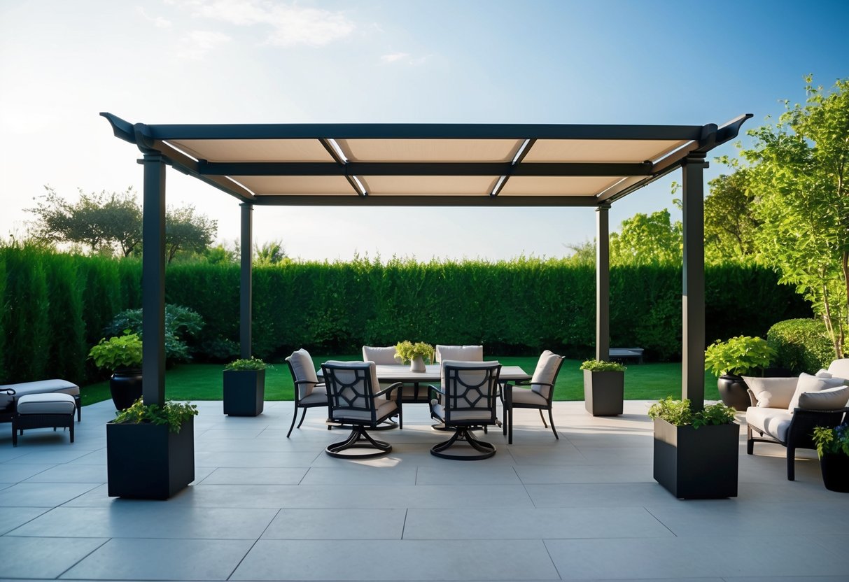 A pergola with a retractable canopy stands in a spacious patio, surrounded by lush greenery and comfortable outdoor furniture