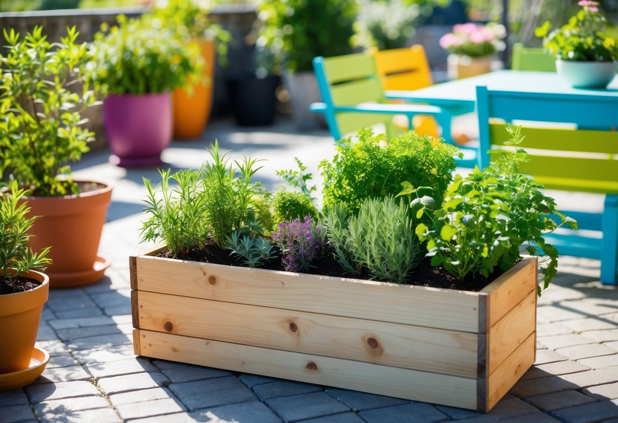 A wooden herb planter sits on a sunny patio, filled with a variety of aromatic herbs. The planter is surrounded by potted plants and colorful outdoor furniture