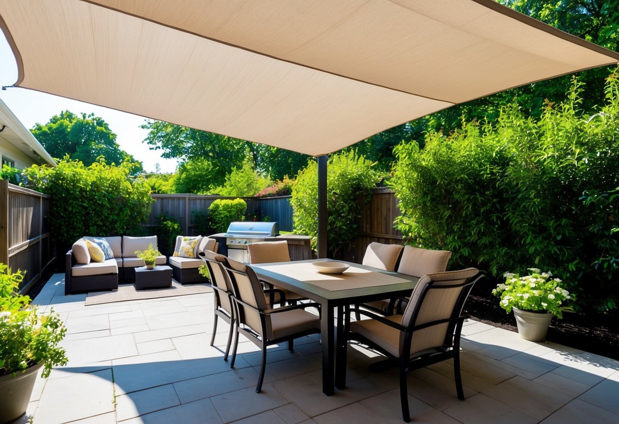 A backyard with a shade sail covering a patio area, surrounded by greenery and outdoor furniture