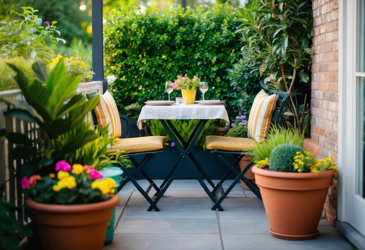 A cozy bistro table set on a patio, surrounded by lush greenery and colorful potted plants, with soft lighting and a relaxed atmosphere