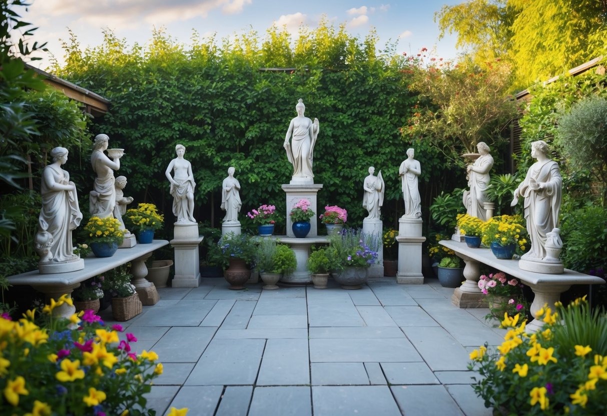 A serene garden with a variety of statues on a patio, surrounded by lush greenery and colorful flowers