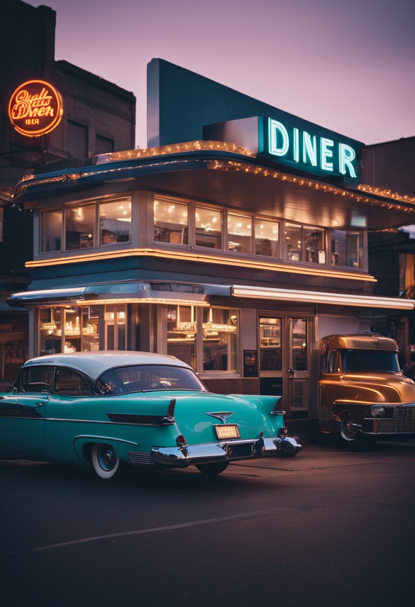 A vintage diner with neon sign, outdoor seating, and classic cars parked in front